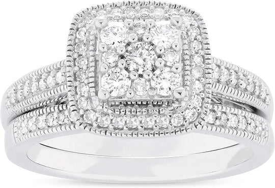 .925 Sterling Silver 1/2 Cttw Diamond Square Cluster Halo Milgrain Engagement Ring & Wedding Band Bridal Set (H-I Color, I1-I2 Clarity)
