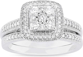 .925 Sterling Silver 1/2 Cttw Diamond Square Cluster Halo Milgrain Engagement Ring & Wedding Band Bridal Set (H-I Color, I1-I2 Clarity)