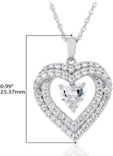 .925 Sterling Silver Heart Cut and Round Cubic Zirconia Heart Inside Double Row Halo Frame with Delicate Rope Chain Necklace - 18”