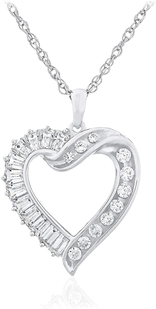 .925 Sterling Silver Round, Trapezoid, & Baguette Cut Cubic Zirconia Twist Heart Pendant Necklace with Delicate Rope Chain - 20”