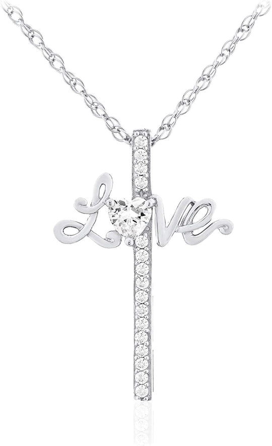 .925 Sterling Silver Heart Cut White Cubic Zirconia “Love” Cross Pendant Necklace with Rope Chain - 20”