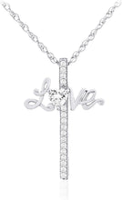 .925 Sterling Silver Heart Cut White Cubic Zirconia “Love” Cross Pendant Necklace with Rope Chain - 20”