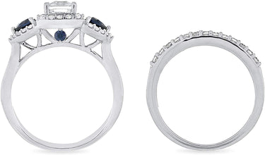 .925 Sterling Silver Radiant Cut Cubic Zirconia & Trillion Cut Lab Created Blue Sapphire Halo Three Stone Engagement and Wedding Ring Set