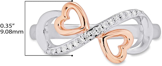Two Tone 14K Rose Gold Plated .925 Sterling Silver Diamond Accented Infinity Knot with Hearts Promise Ring (I-J Color, I2-I3 Clarity)