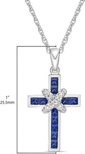 .925 Sterling Silver Princess Cut Lab Grown Gemstone & Lab Grown White Sapphire X Cross Pendant Necklace - 20” - Choice of Metal and Gem Color