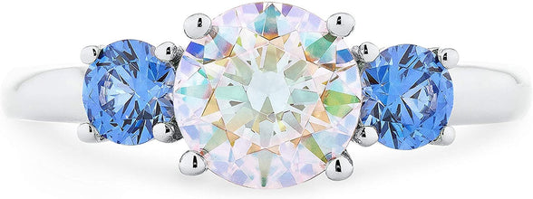 .925 Sterling Silver Round Brilliant Cut Aurora Borealis Cubic Zirconia & Fancy Blue Swarovski Cubic Zirconia Three Stone Engagment Ring