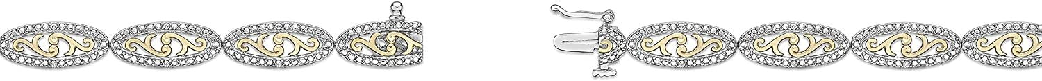 Two Tone 14K Yellow Gold Plated .925 Sterling Silver 1/10 Cttw Diamond Almond Shaped Link Filigree Tennis Bracelet (I-J Color, I2-I3 Clarity)- 7-1/4