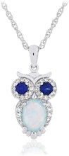 .925 Sterling Silver, Oval Lab-Created White Opal Cabochon & Lab-Grown Blue and White Sapphire Owl Pendant Necklace with 18