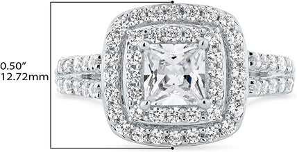 .925 Sterling Silver Cushion Cut Cubic Zirconia Split Shank Double Halo Engagement Ring