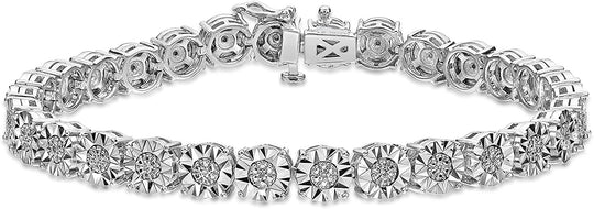 .925 Sterling Silver 1/10 Cttw Diamond Miracle Set Cluster Links with Silver Studs Tennis Bracelet (I-J Color, I2-I3 Clarity) - 7-1/4"