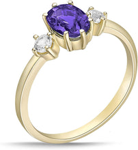 14K Yellow Gold Plated .925 Sterling Silver Oval Cut Birthstone & Created White Sapphire Three Stone Engagement Ring - Choice of Birthstone/Month