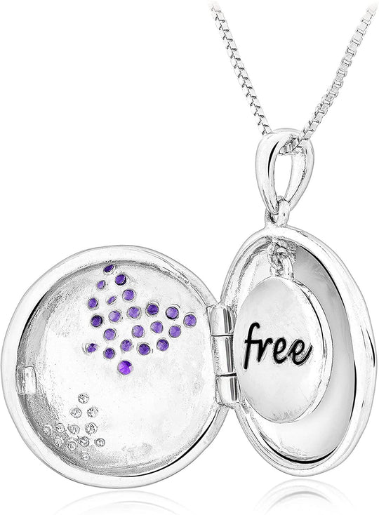 .925 Sterling Silver Purple Amethyst and White Topaz Round Locket Two Butterflies with Dangling Charm “Free” Pendant Necklace - 18”