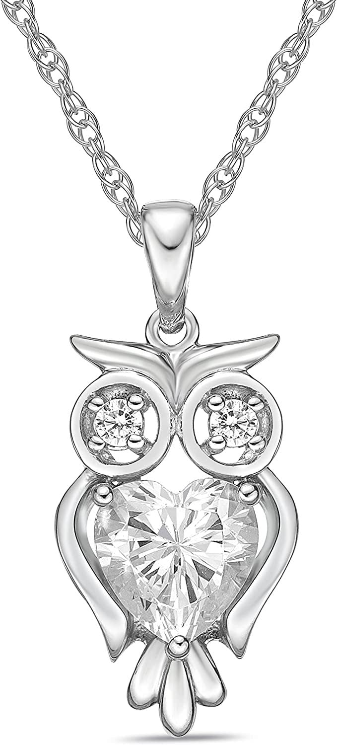 .925 Sterling Silver & Round and Heart Cut White Cubic Zirconia Owl Pendant Necklace with 20" Rope Chain