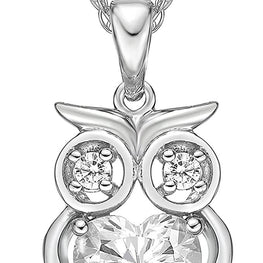 .925 Sterling Silver & Round and Heart Cut White Cubic Zirconia Owl Pendant Necklace with 20" Rope Chain