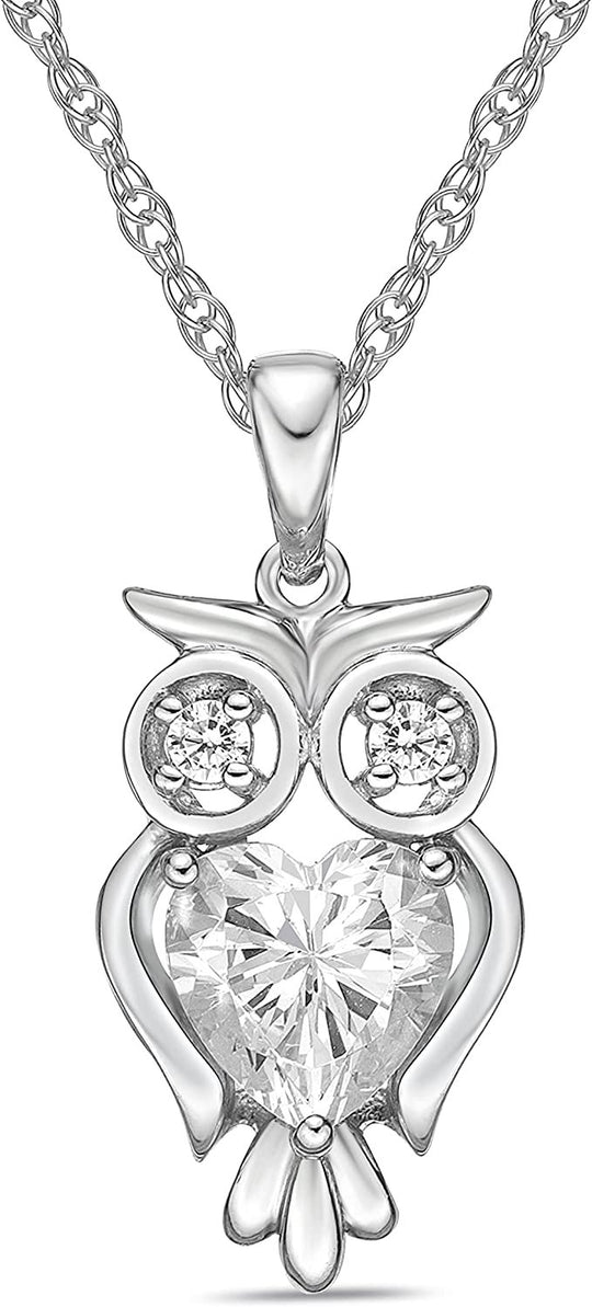 .925 Sterling Silver & Round and Heart Cut White Cubic Zirconia Owl Pendant Necklace with 20" Rope Chain