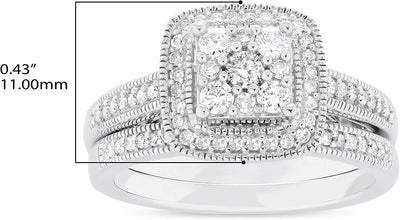 .925 Sterling Silver 1/2 Cttw Diamond Square Cluster Halo Milgrain Engagement Ring & Wedding Band Bridal Set (H-I Color, I1-I2 Clarity)