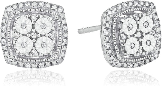 .925 Sterling Silver 1/10 Cttw Diamond Miracle Set Milgrain Studs 3/8" Square Cushion Shaped Pushback Stud Earrings (I-J Color, I2-I3 Clarity)