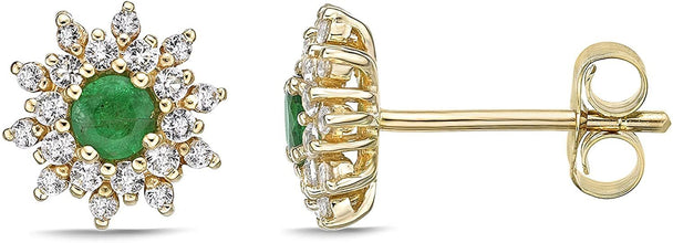 10K Yellow Gold Round Genuine Precious Gemstone & White Topaz Halo Stud Earrings