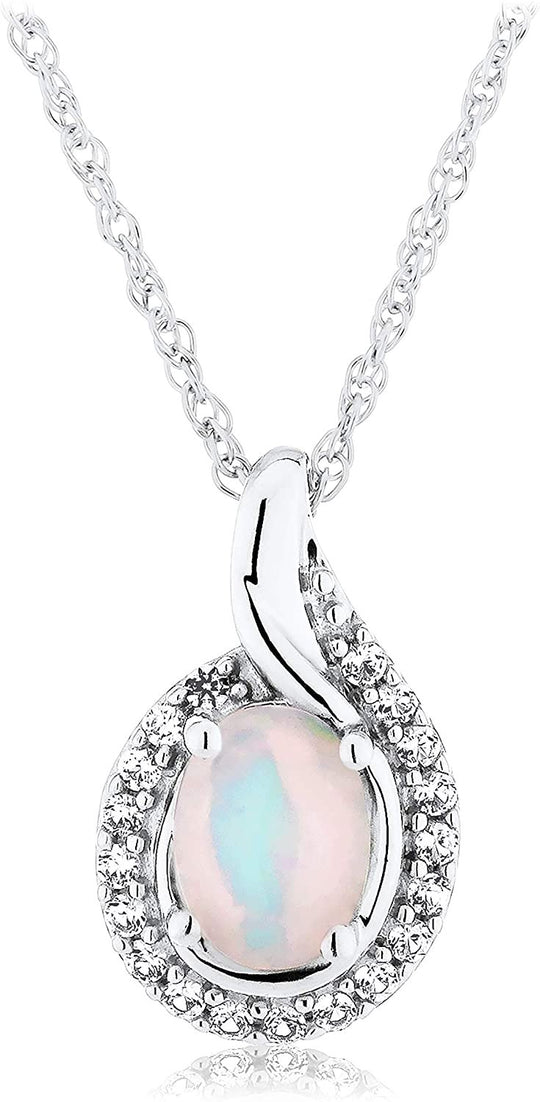 .925 Sterling Silver, Oval Lab-Grown White and Pink Opal Cabochon & Lab-Grown White Sapphire Halo Teardrop Pendant Necklace - 18”