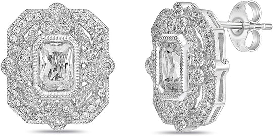 .925 Sterling Silver Emerald & Round Cut White Cubic Zirconia Milgrain Bezel Vintage Reproduction Geometric Stud Earrings