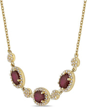 10K Yellow Gold, Oval Cut Ruby & 1/3 Cttw Diamond Halo Alternating Round & Oval Stations Pendant Necklace with Cable Chain (I Color, I2 Clarity) - 18”