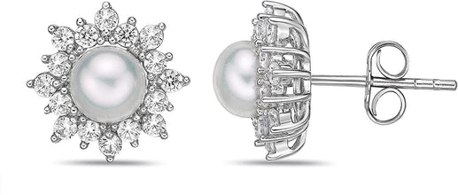 .925 Sterling Silver, 6mm White Freshwater Cultured Button Pearl & White Cubic Zirconia Double Halo Snowflake or Star Pushback Stud Earrings