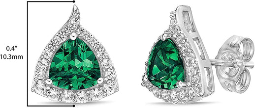 .925 Sterling Silver Trillion Cut Birthstone & Created White Sapphire Halo Stud Earrings - Choice of Birthstone/Month