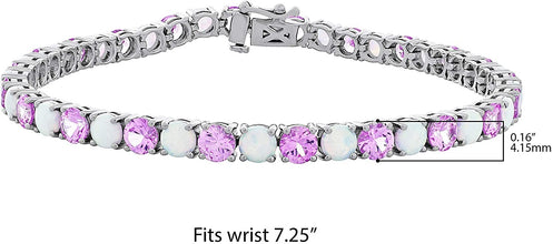 .925 Sterling Silver, Lab-Grown Pink Sapphire & Lab-Grown White Opal Alternating Round Link Tennis Bracelet - 7-1/4