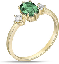 14K Yellow Gold Plated .925 Sterling Silver Oval Cut Birthstone & Created White Sapphire Three Stone Engagement Ring - Choice of Birthstone/Month