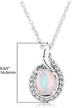 .925 Sterling Silver, Oval Lab-Grown White and Pink Opal Cabochon & Lab-Grown White Sapphire Halo Teardrop Pendant Necklace - 18”