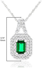 .925 Sterling Silver Emerald Shape Created Emerald and Round Created White Sapphire Double Halo Pendant Necklace - 18
