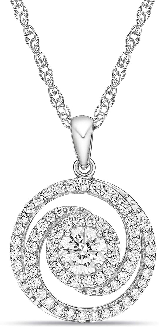 .925 Sterling Silver & White Cubic Zirconia Halo Hypnotizing Spiral Amulet Vintage Reproduction Round Pendant Necklace - 20”