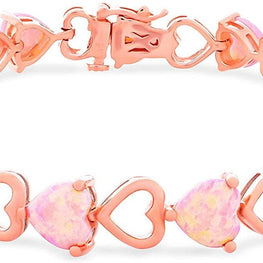 14K Rose Gold Plated .925 Sterling Silver & Heart Shaped Lab-Grown Pink Opal Cabochon Heart Link Tennis Bracelet - 7-1/4"