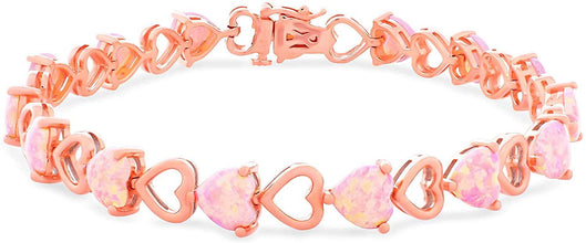14K Rose Gold Plated .925 Sterling Silver & Heart Shaped Lab-Grown Pink Opal Cabochon Heart Link Tennis Bracelet - 7-1/4