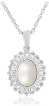 .925 Sterling Silver, 8-8.5mm Oval Freshwater Cultured White Pearl & Trapezoid Shaped Lab-Grown White Sapphire Halo Drop Pendant Necklace - 20”