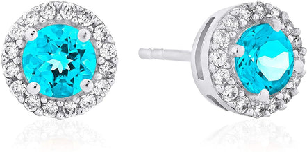 .925 Sterling Silver Birthstone and Lab Grown White Sapphire or CZ Halo Stud Earrings - Choice of Gem Color/Month