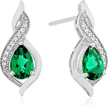 .925 Sterling Silver Pear-Shaped Birthstone & Lab-Grown White Sapphire or CZ Milgrain Twist Stud Drop Earrings - Choice of Gem Color/Month