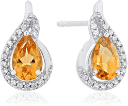 .925 Sterling Silver Pear-Shaped Birthstone & Lab Grown White Sapphire or CZ Teardrop Stud Earrings - Choice of Gem Color/Month