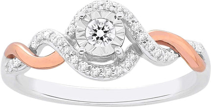 10K White & Rose Gold 1/5 Cttw Diamond Twisted Band Halo Miracle Plate Two-Tone Promise Ring (H-I Color, I1-I2 Clarity)