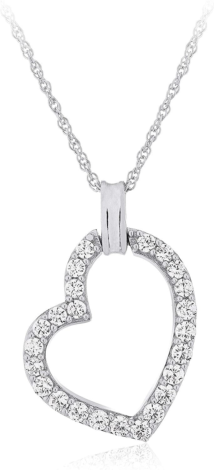 .925 Sterling Silver Cubic Zirconia Assymetrical Heart Pendant Necklace with 18" Rope Chain