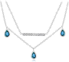 .925 Sterling Silver, Swiss Blue Topaz & White Topaz Two Layer Bar Style and Dangling Bezel Set Gemstone Necklace - 18”