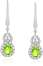 Sterling Silver Teardrop Birthstone & Lab Grown White Sapphire or CZ Art Deco Drop Hinged Latch Back Dangle Earrings - Choice of Gem Color/Month