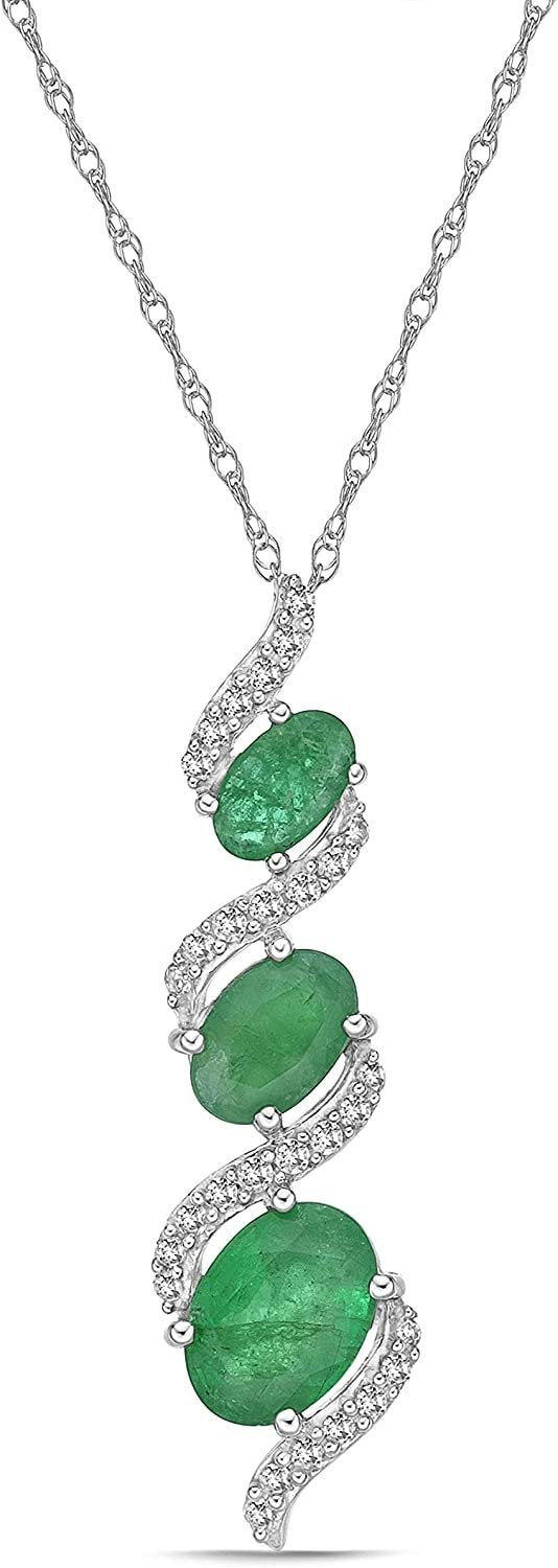 10K White Gold Genuine Precious Gemstone & White Topaz Three Stone Ribbon Pendant Necklace - 18" Rope Chain