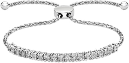 .925 Sterling Silver & 1/4 Cttw Diamond Miracle Set Links Wheat Chain Adjustable Bolo Bracelet - 6”-9-3/5” (I-J Color, I2-I3 Clarity)
