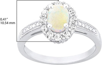 .925 Sterling Silver, Oval Shaped Lab Created White Opal Cabochon & Lab Created White Sapphire Halo Milgrain Edged Engagement Ring