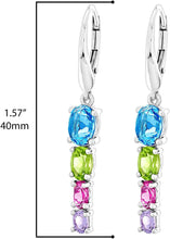 .925 Sterling Silver Oval Swiss Blue Topaz, Peridot, Pink Topaz & Rose De France Graduated Stone Rainbow Dangle Earrings
