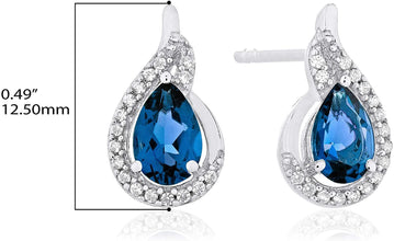 .925 Sterling Silver Pear-Shaped Birthstone & Lab Grown White Sapphire or CZ Teardrop Stud Earrings - Choice of Gem Color/Month