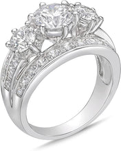 .925 Sterling Silver Round Brilliant Cubic Zirconia Three Stone Wide Three Channel Baguette Cathedral Engagement Ring