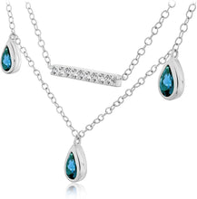 .925 Sterling Silver, Swiss Blue Topaz & White Topaz Two Layer Bar Style and Dangling Bezel Set Gemstone Necklace - 18”