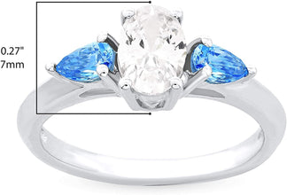 .925 Sterling Silver, Oval Cut White Cubic Zirconia & Fancy Blue Pear Cut Swarovski Zirconia Three Stone Anniversary or Engagement Ring